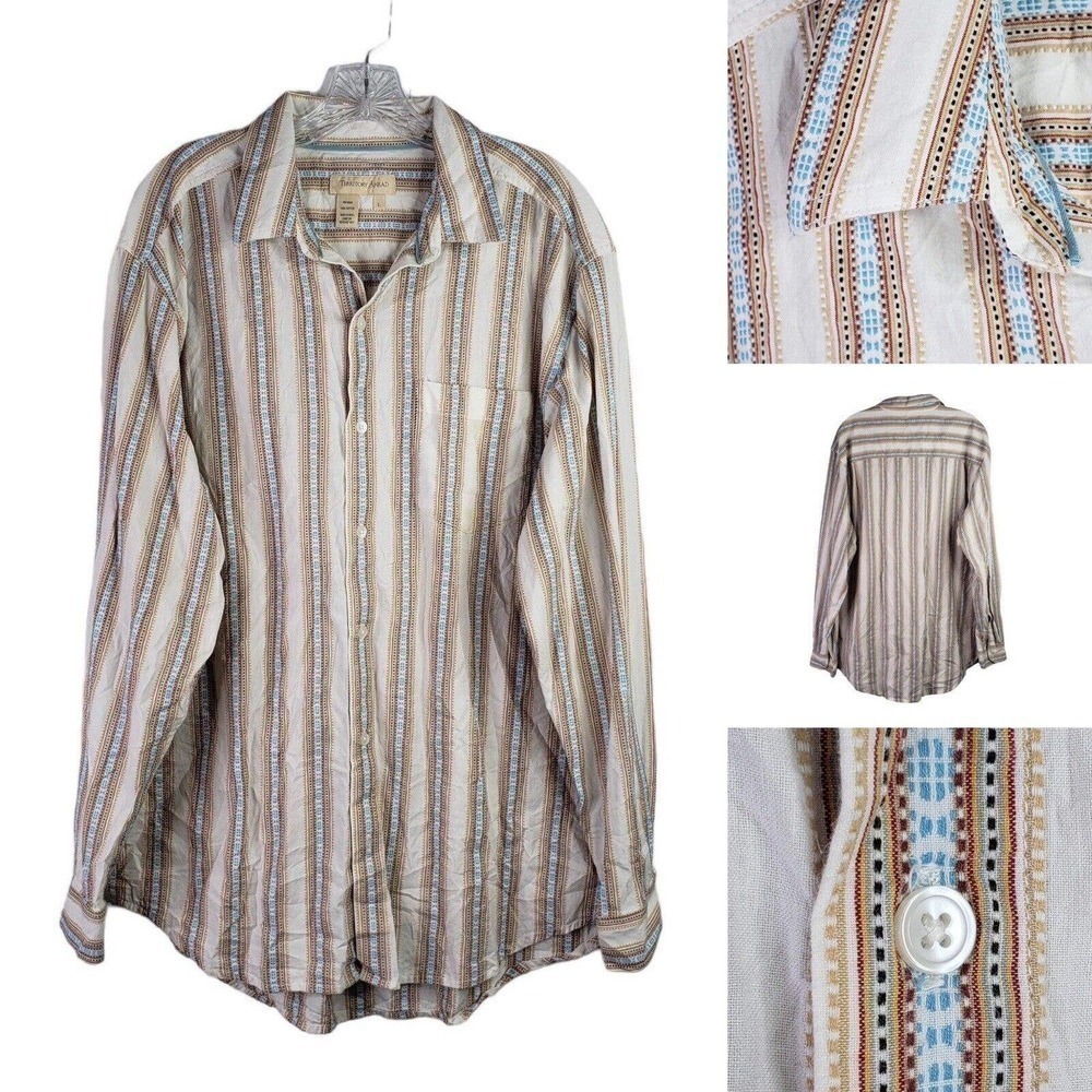 Territory Ahead Shirt Men’s Large Beige Blue Striped Aztec LS Button Up Rodeo